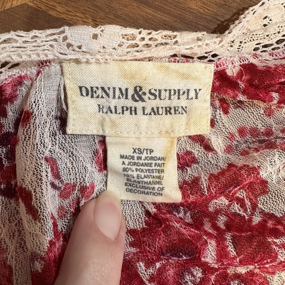 Ralph Lauren Denim Supply Pink Floral Babydoll Crochet Lace Top XS Sheer Peasant - Picture 6 of 9